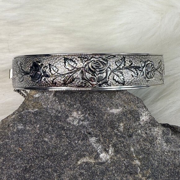 Vintage Hayward Sterling Silver Rose Floral Etched Hinged Bangle Safety Chain Ro